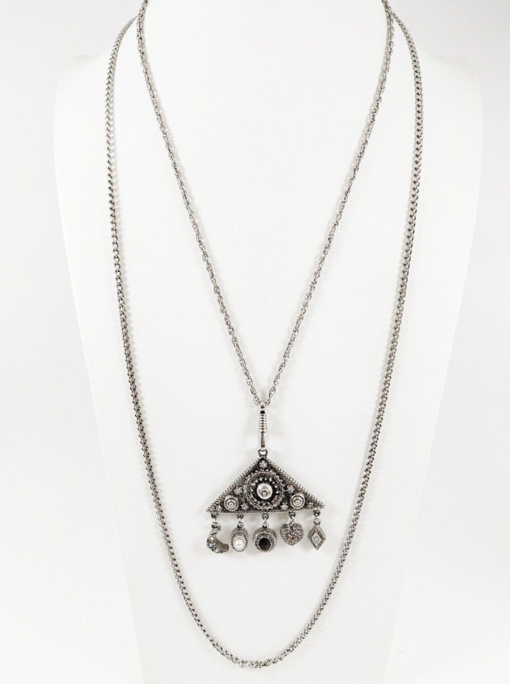 Vintage 1960s Goldette Silver Tone Faux Gem Etruscan Revival Statement Necklace